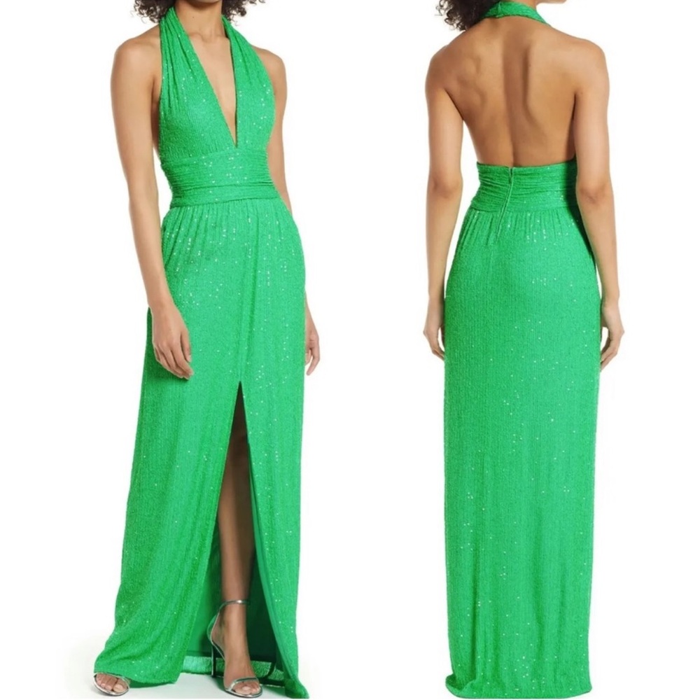 NWOT SHO by Tadashi Shoji Sasha Sequin Halter Maxi Gown